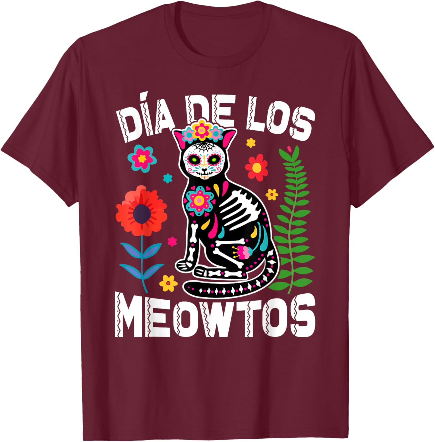 Día De Los Meowtos Cat Mexican Dia De Los Muertos Mexico Men Women T-Shirt - T-Shirt | Maroon
