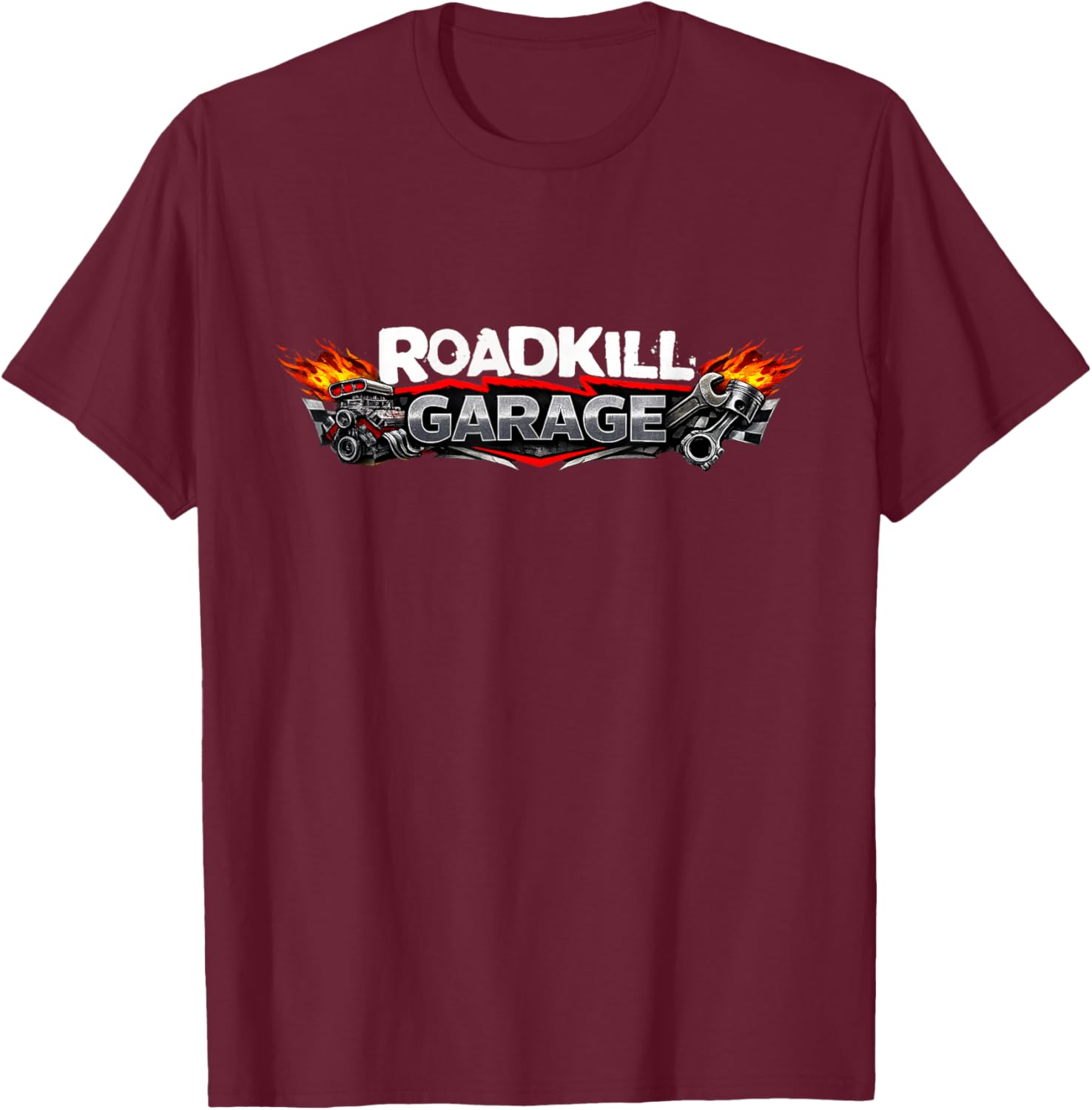 Roadkill Garage Racing Vintage Hot Rod Mechanic Graphic T-Shirt - T-Shirt | Maroon