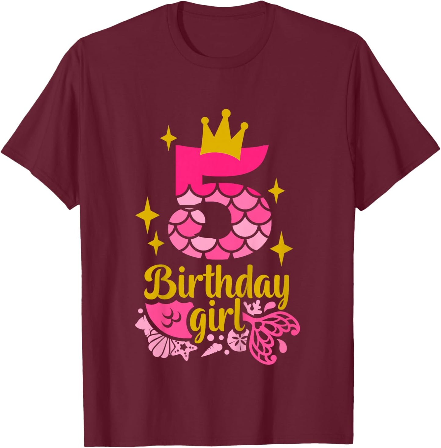 5th Birthday Girl Mermaid Fifth Birthday Pink 5yr Old Bday T-Shirt - T-Shirt | Maroon