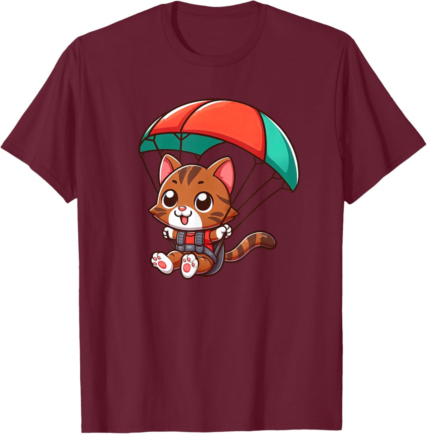 Brown Tabby Cat Skydiving Pet Funny Parachuting T-Shirt - T-Shirt | Maroon