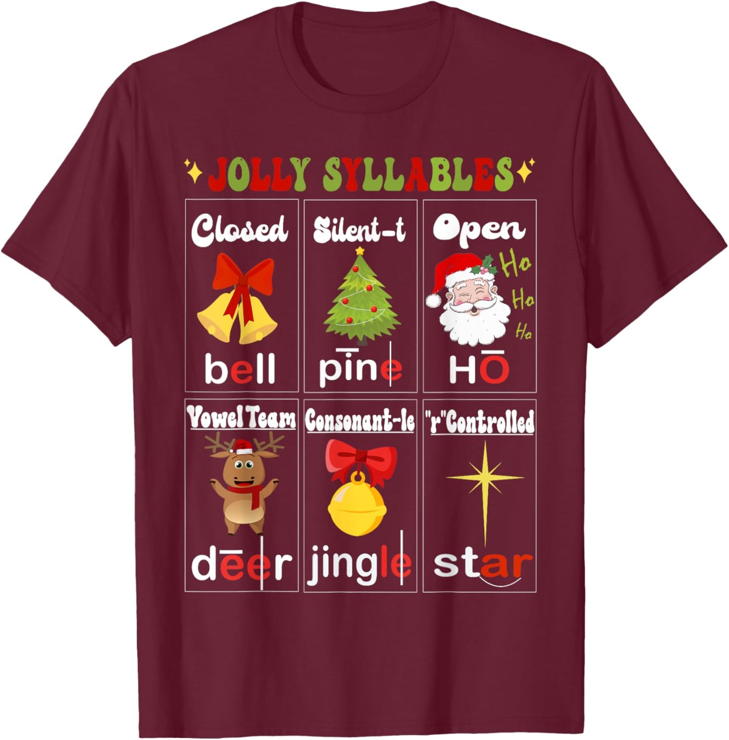 Christmas Reading Teacher Syllable Types Reading Teacher T-Shirt - T-Shirt | Maroon