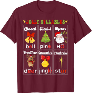 Christmas Reading Teacher Syllable Types Reading Teacher T-Shirt - T-Shirt | Maroon