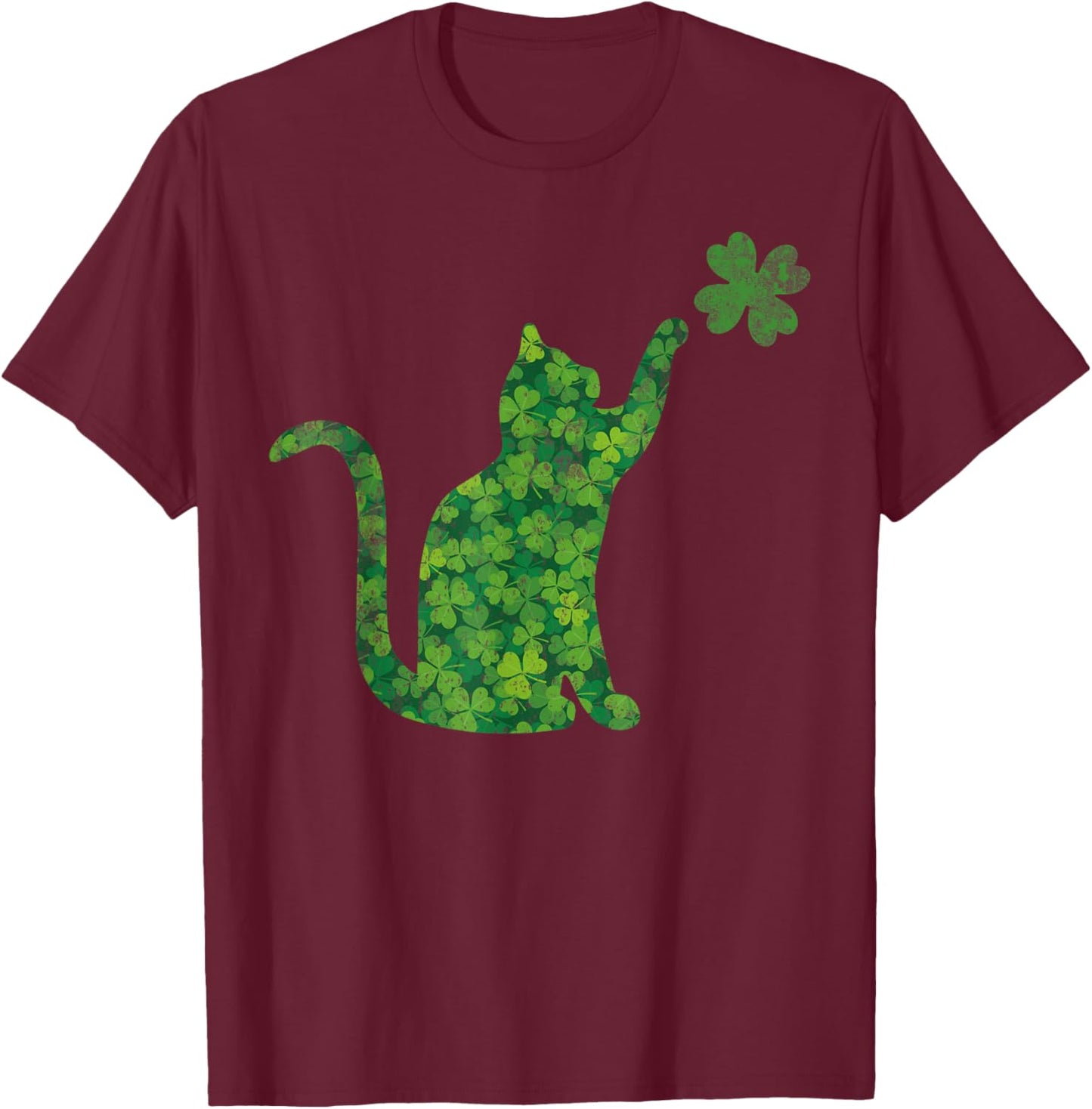 Lucky Cat Shamrock Clover St Patrick's Clover Luck Playful Men Women Kids T-Shirt - T-Shirt | Maroon