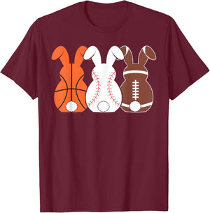 Basketball Baseball Football Sports Easter Bunny Rabbits T-Shirt - T-Shirt | Maroon