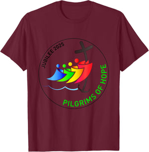 Catholic Jubilee 2025 Stained Glass Pilgrims Of Hope T-Shirt - T-Shirt | Maroon