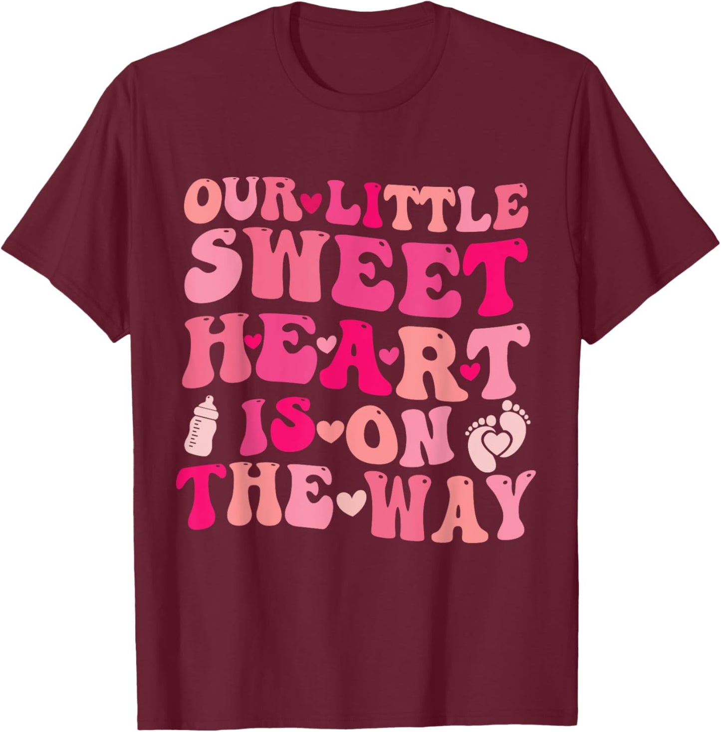 Funny Our Little Sweetheart On The Way Pregnancy Groovy T-Shirt - T-Shirt | Maroon