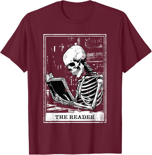 Tarot Card Shirt The Reader Tarot Skeleton Reading Book T-Shirt - T-Shirt | Maroon