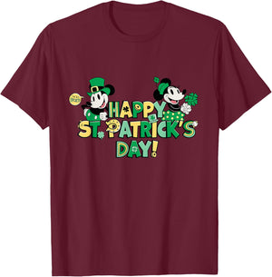 New Disney Vintage Mickey & Minnie Happy St. Patrick's Day T-Shirt - T-Shirt | Maroon