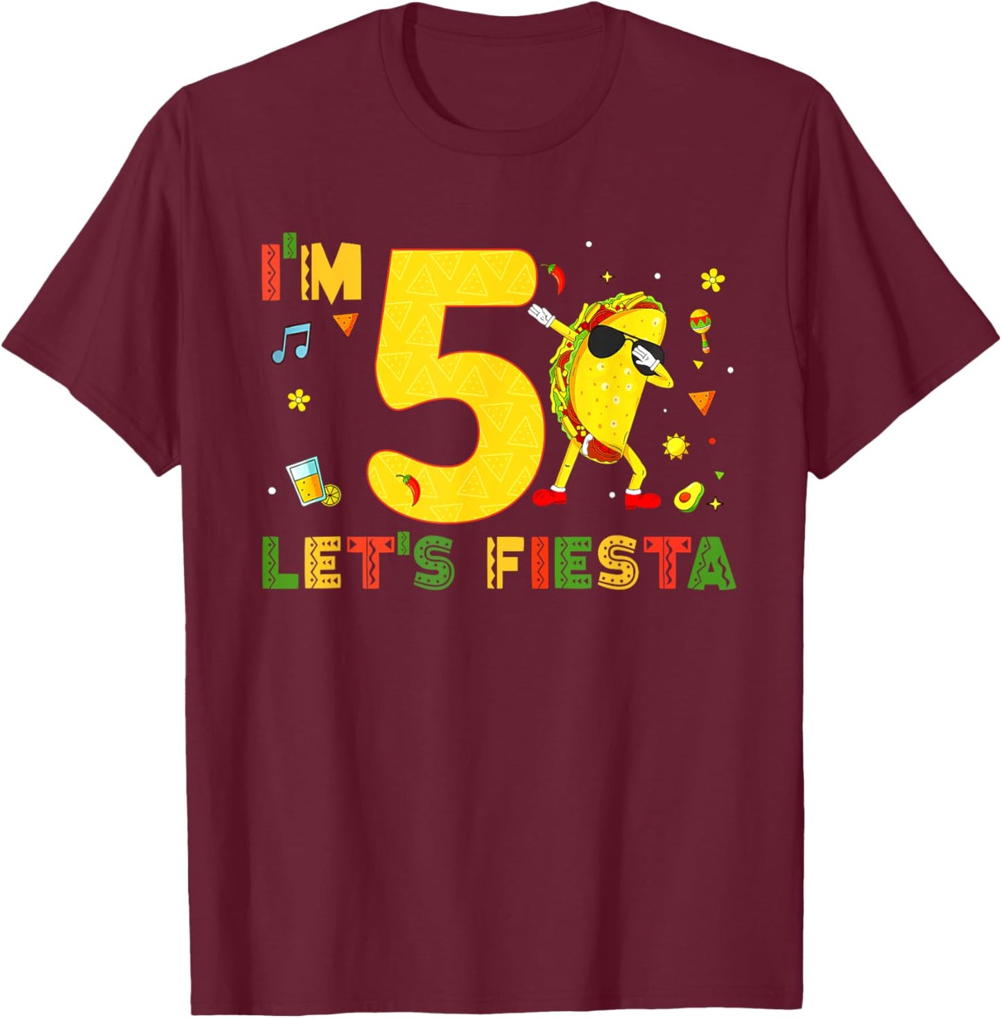 I'm 5 Let's Fiesta Dabbing Taco Cinco De Mayo 5th Birthday T-Shirt - T-Shirt | Maroon