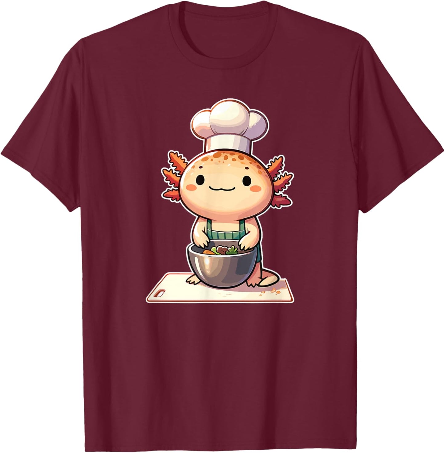 Cute Kawaii Axolotl Chef - -Adults and Kids - Black - Small - Short Sleeve T-Shirt - T-Shirt | Maroon