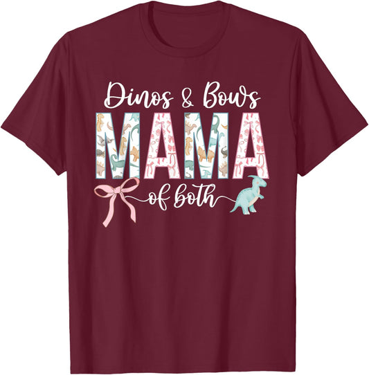 Dinos & Bows Mama of Both Mother of Boys and Girls T-Shirt - T-Shirt | Maroon