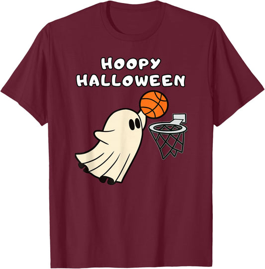 Hoopy Halloween Basketball Ghost Slam Dunk Basketball Hoop T-Shirt - T-Shirt | Maroon