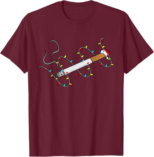 Christmas Lights Cigarette Santa Hat Smoker Pajama Xmas T-Shirt - T-Shirt | Maroon