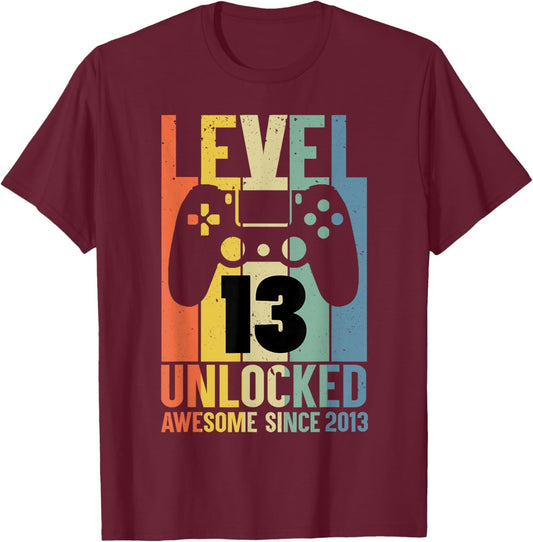 Level 13 Unlocked Awesome Since 2013 13th Birthday Boy Gamer T-Shirt - T-Shirt | Maroon