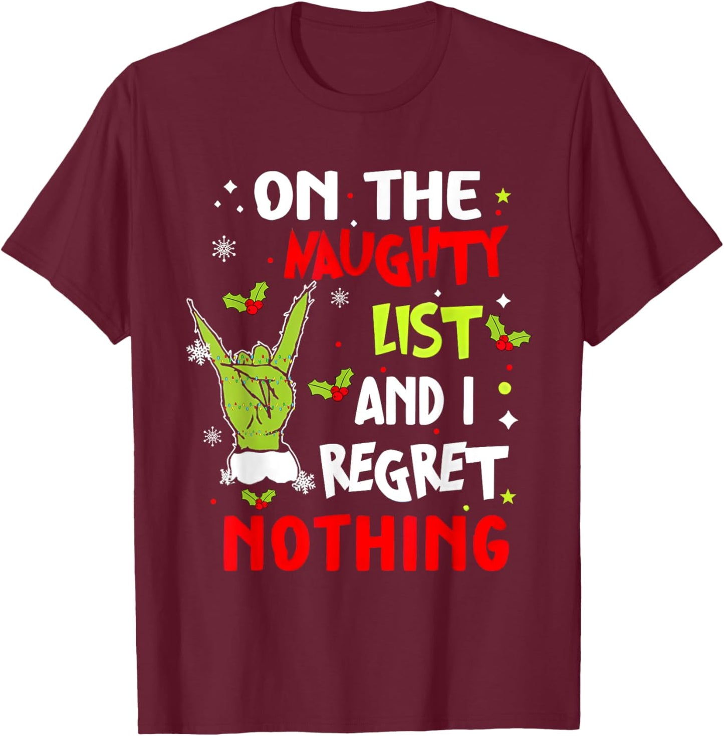 Groovy Christmas Shirts Pajamas Pjs Funny On The List Of Naughty And I Regret Nothing Christmas T-Shirt - T-Shirt | Maroon