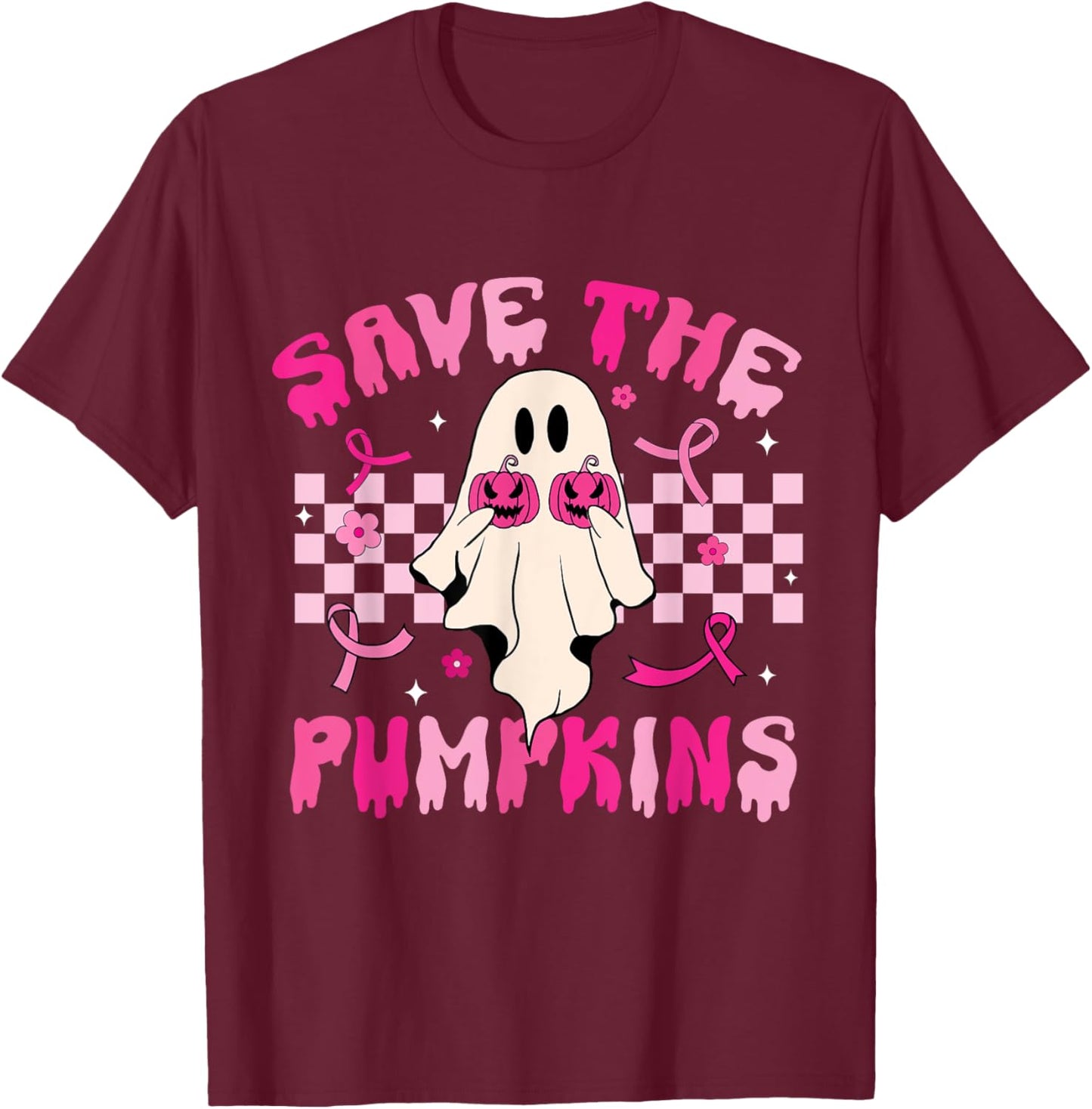 Rero Groovy Save The Pumpkins Ghost Breast Cancer Awareness T-Shirt - T-Shirt | Maroon