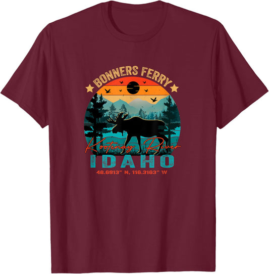 Bonners Ferry Idaho ID Retro Sunset Vintage Moose Mountains T-Shirt - T-Shirt | Maroon
