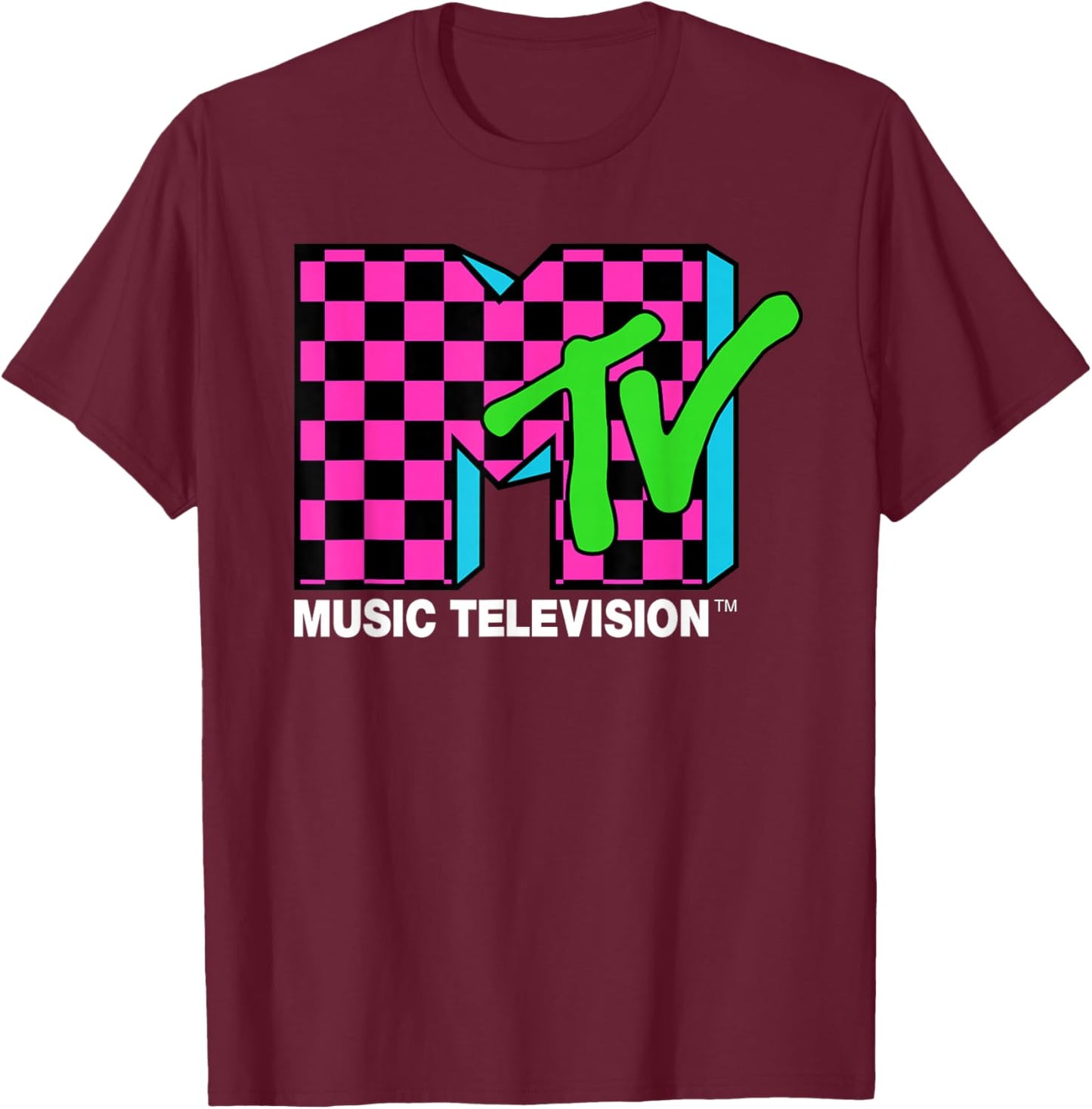 Classic MTV Logo Pink and Blue Check T-Shirt - T-Shirt | Maroon