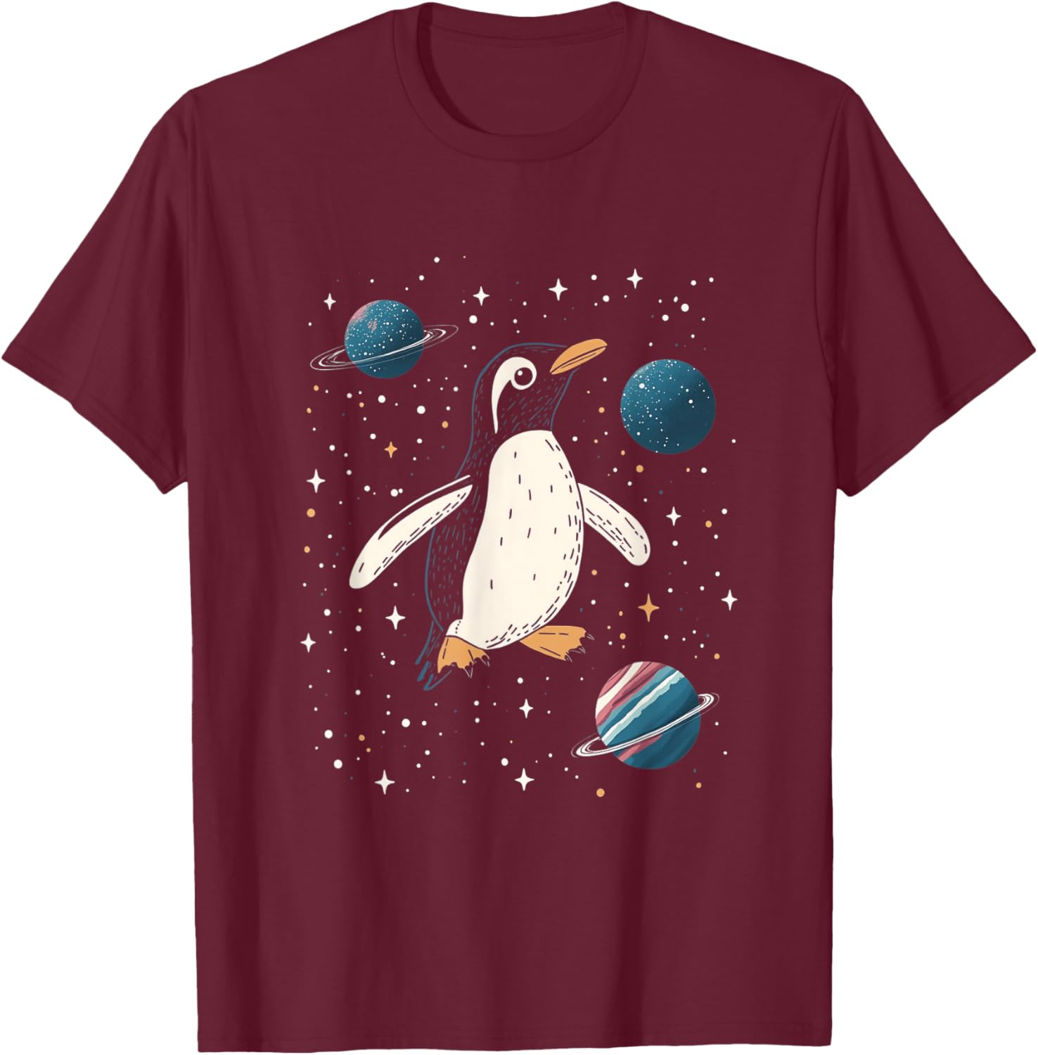 Penguin in Space Cartoon Art T-Shirt - T-Shirt | Maroon