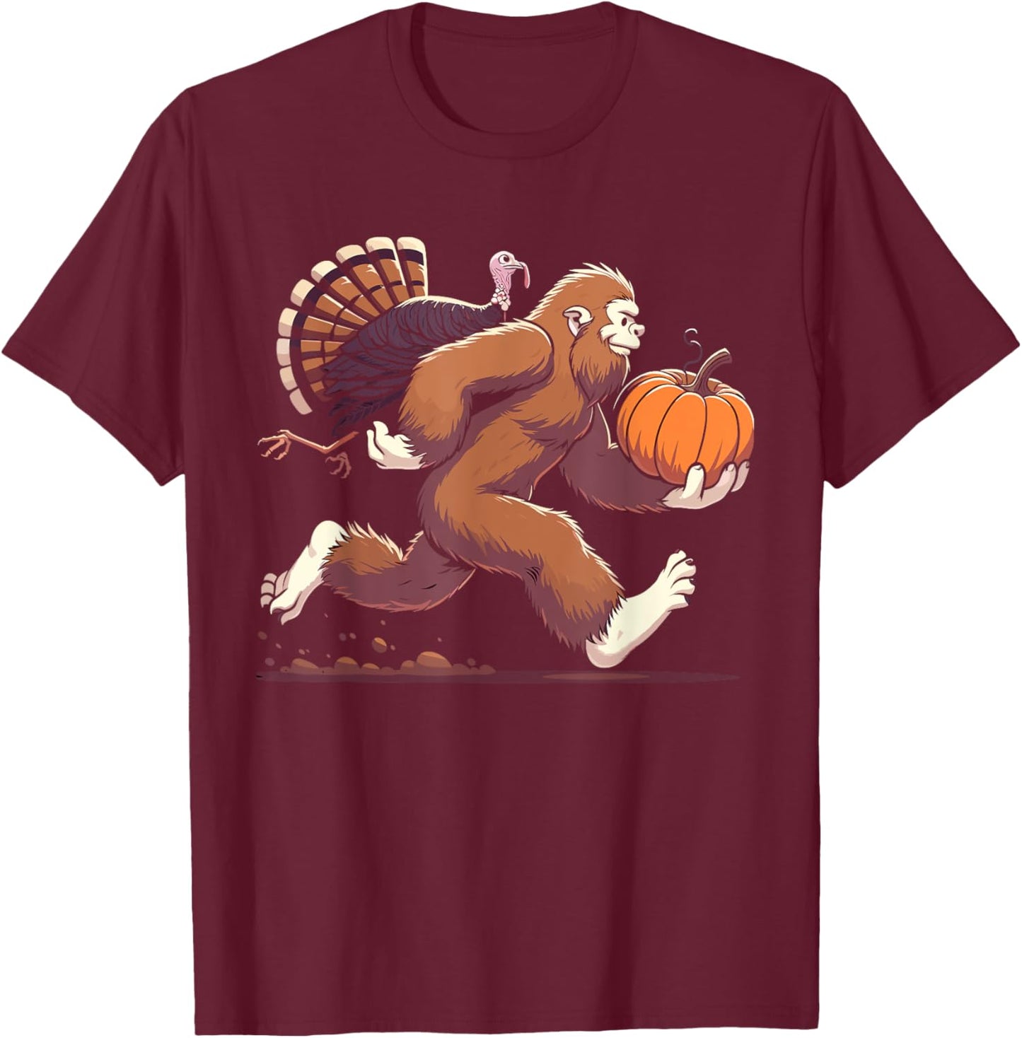 Bigfoot sasquatch with turkey and pumpkin for thanksgiving T-Shirt - T-Shirt | Maroon