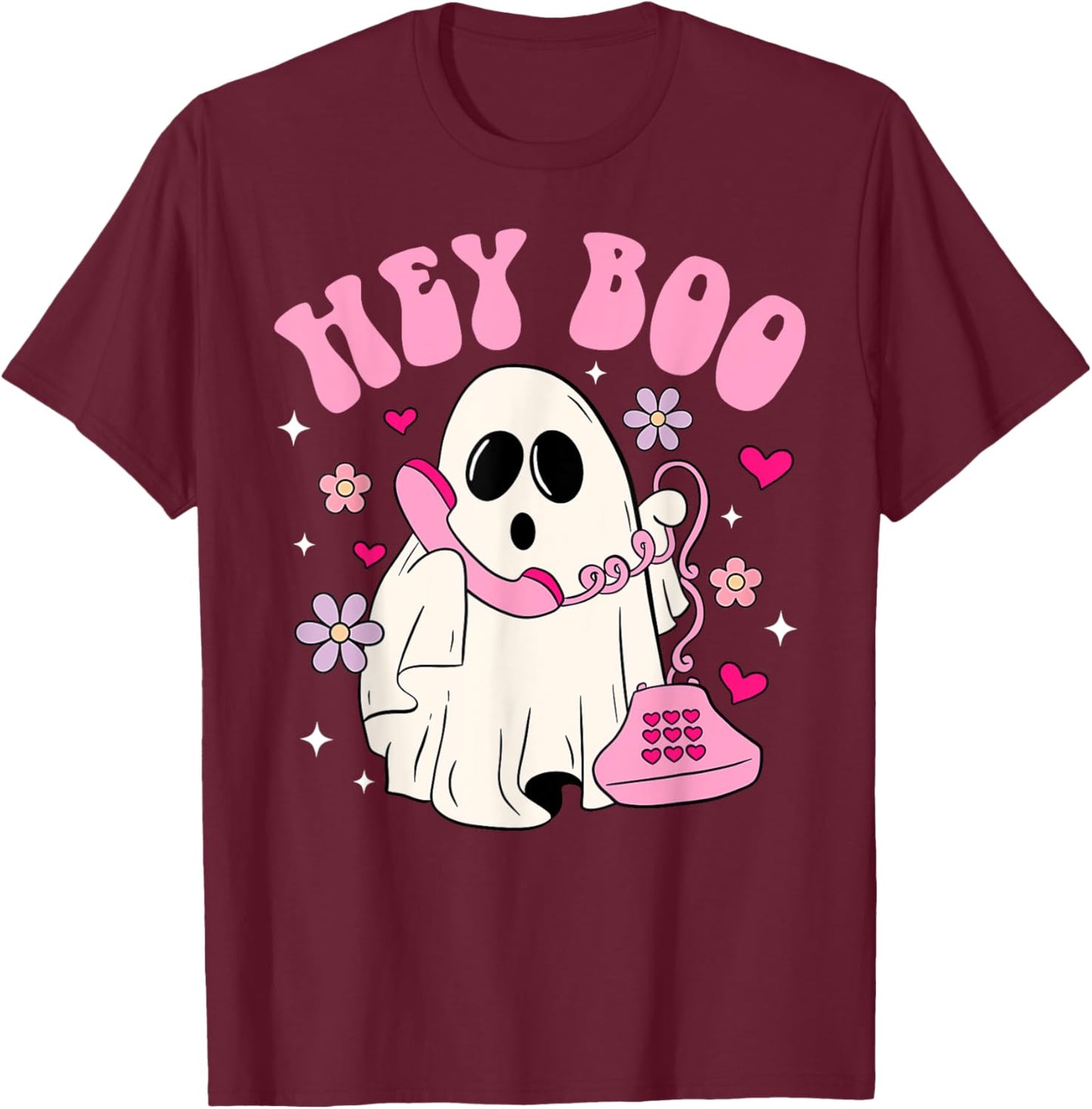Groovy Hey Boo Cute Ghost Funny Halloween Women Kids Girls T-Shirt - T-Shirt | Maroon