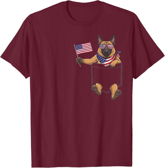 Belgian Malinois Dog Pocket American Flag 4th of July USA T-Shirt - T-Shirt | Maroon
