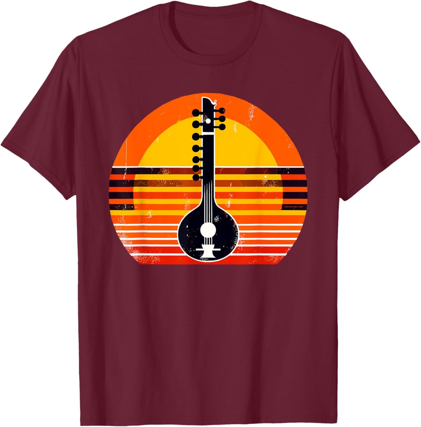 Retro Sunset Sitar Instrument Sitarist T-Shirt - T-Shirt | Maroon