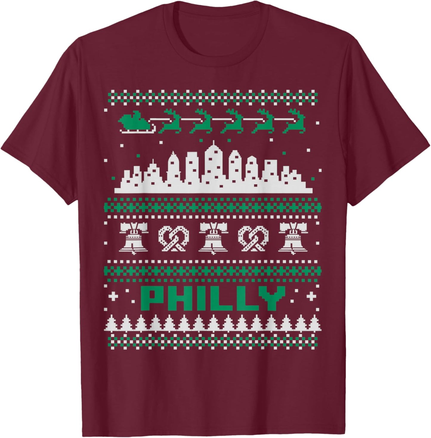Philadelphia PA Ugly Christmas Sweater Philly City Skyline T-Shirt - T-Shirt | Maroon
