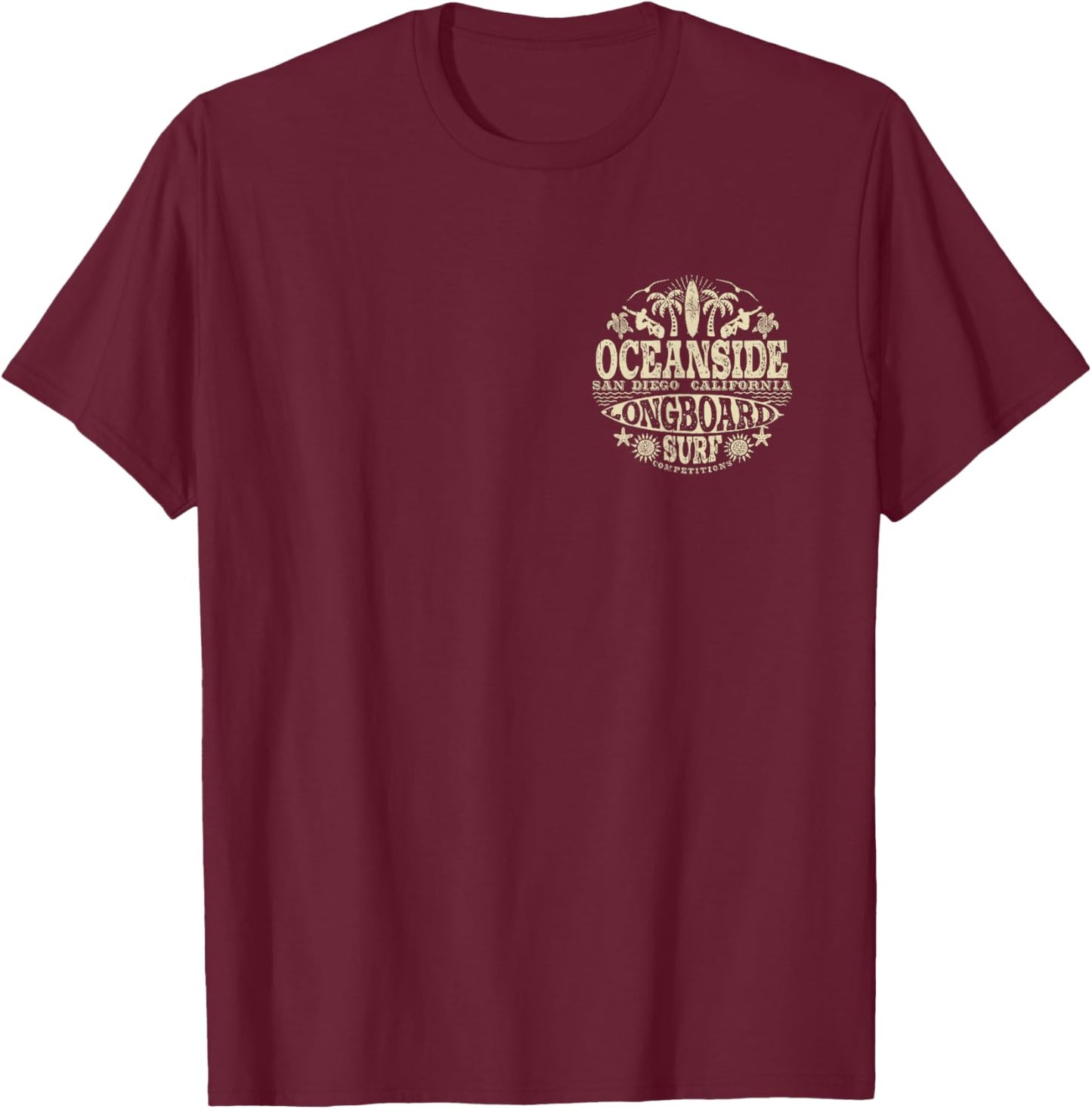 2-Sided Vintage Oceanside California Longboard Surfing T-Shirt - T-Shirt | Maroon