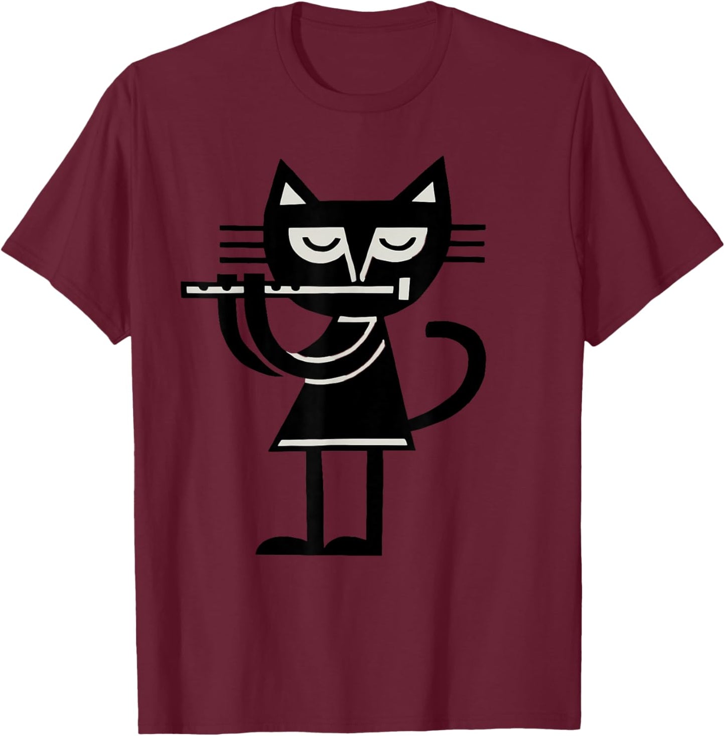 Flute Playing Cat Music Lover Minimalist Cartoon T-Shirt - T-Shirt | Maroon