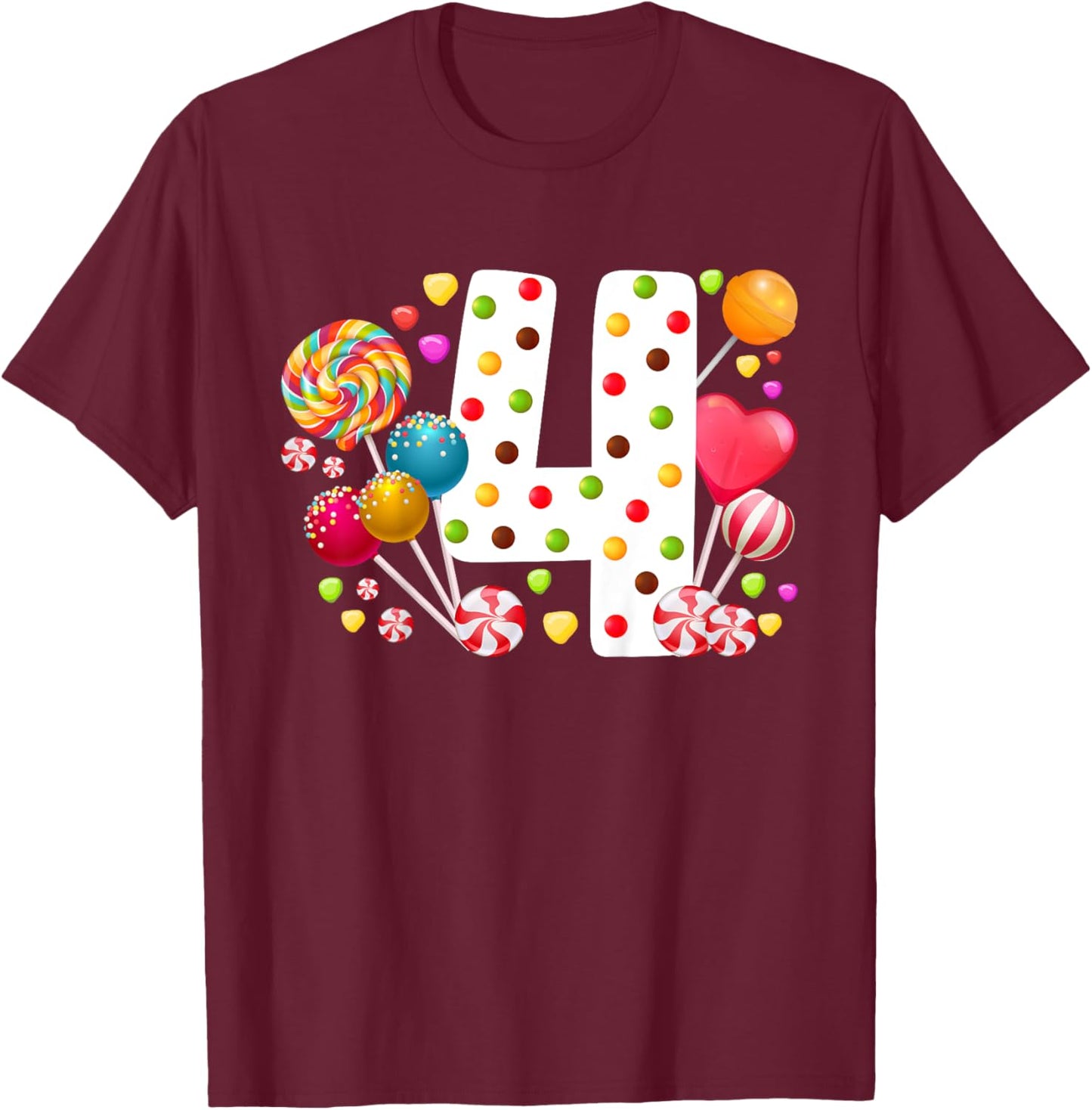 Kids 4th Candy Birthday Party Four Year Old Girl Candy T-Shirt - T-Shirt | Maroon