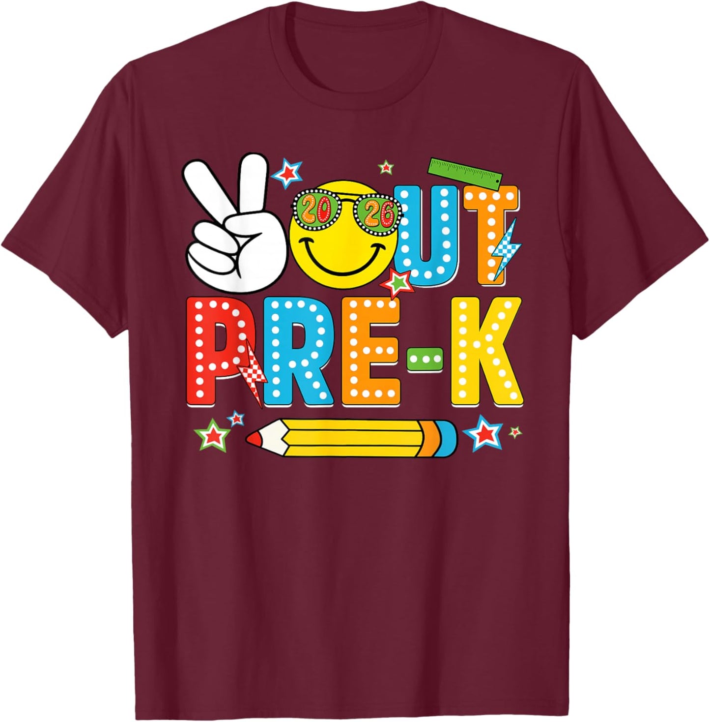 Peace Out Pre-K Happy Last Day of School Funny Pencil Retro T-Shirt - T-Shirt | Maroon