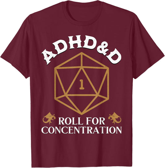 Fantasy Role-Playing Game Custom Vintage ADHD&D Roll For Concentration DnD -Adult Black Small T-Shirt - T-Shirt | Maroon