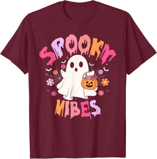 Groovy Spooky Vibes Cute Boo Ghost Halloween Costumes Girls T-Shirt - T-Shirt | Maroon