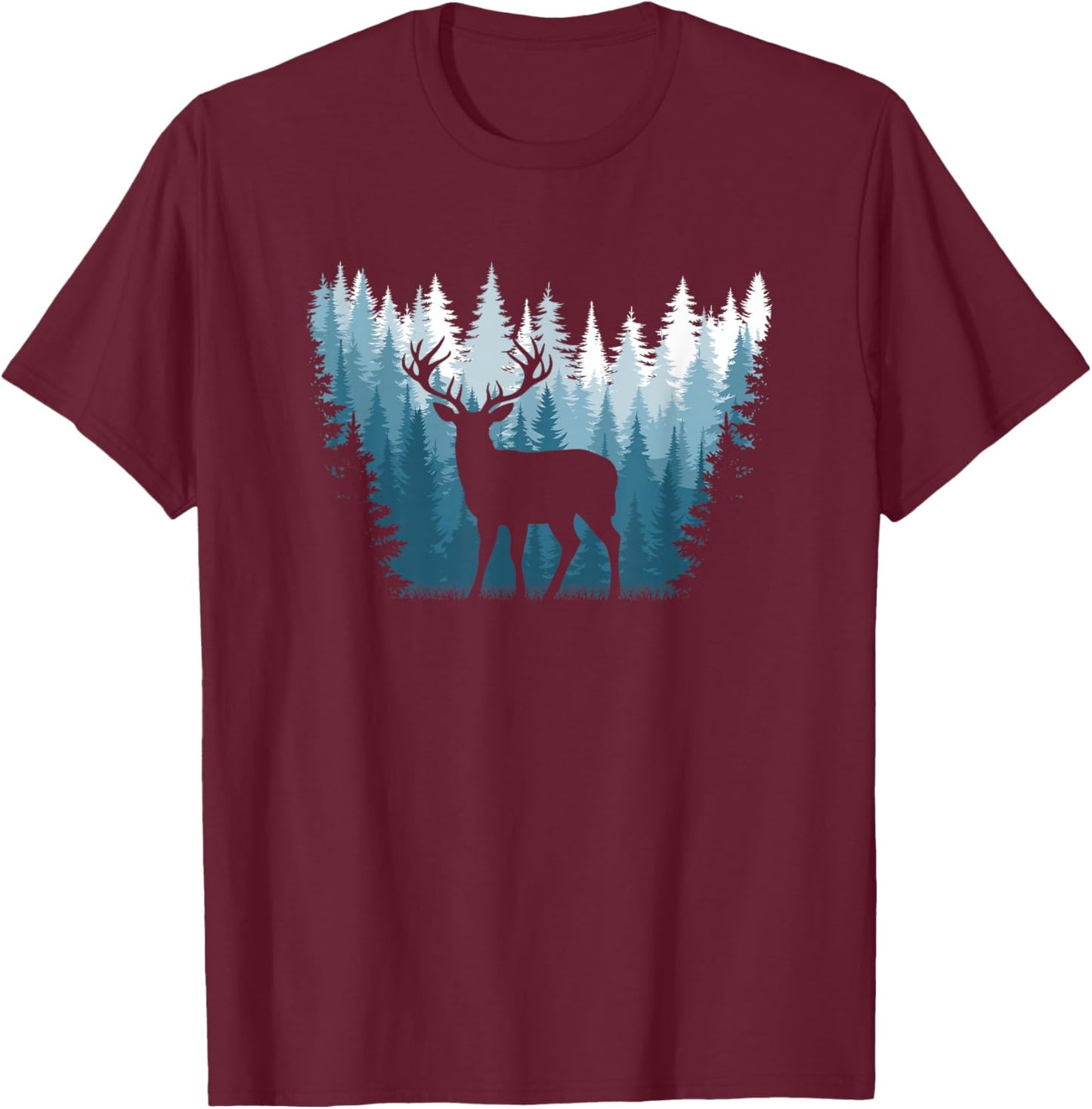 Deer Landscape Pine Tree Forest Nature Graphic Men Women T-Shirt - T-Shirt | Maroon