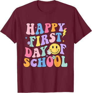 Happy First Day Of School Shirt Teachers Kids Back To School T-Shirt - T-Shirt | Maroon