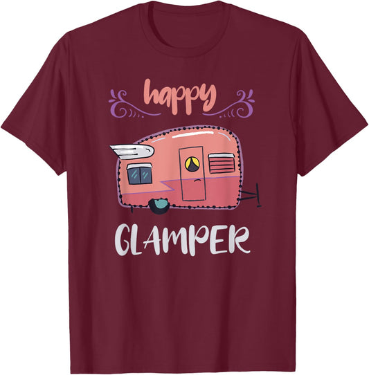 Happy Glamper Camping Girls Vacation Glamping Cute Trailer T-Shirt - T-Shirt | Maroon