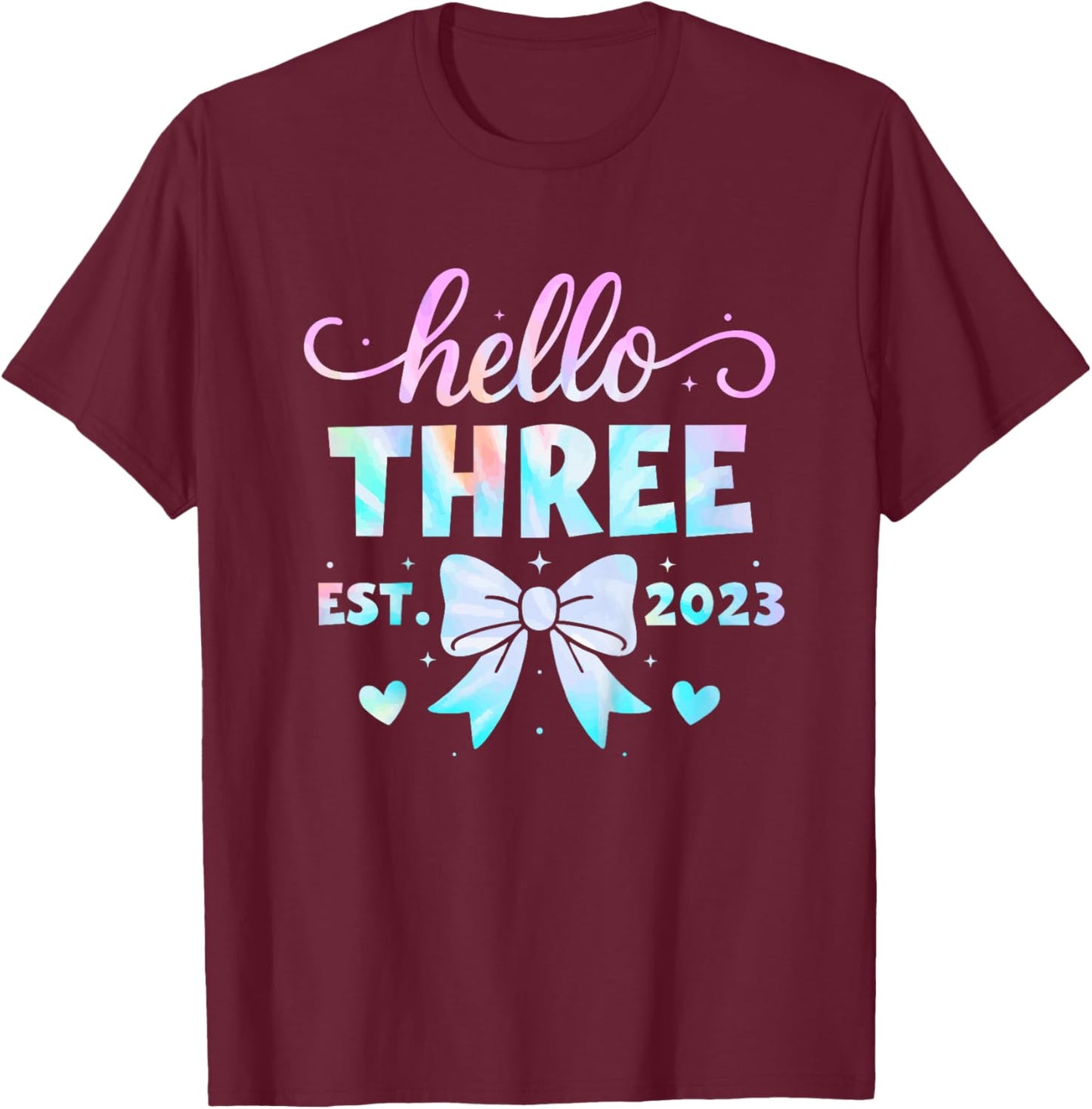 Kids Hello Three Coquette Bow 3rd Birthday Girl, 3 Year Old Kids T-Shirt - T-Shirt | Maroon