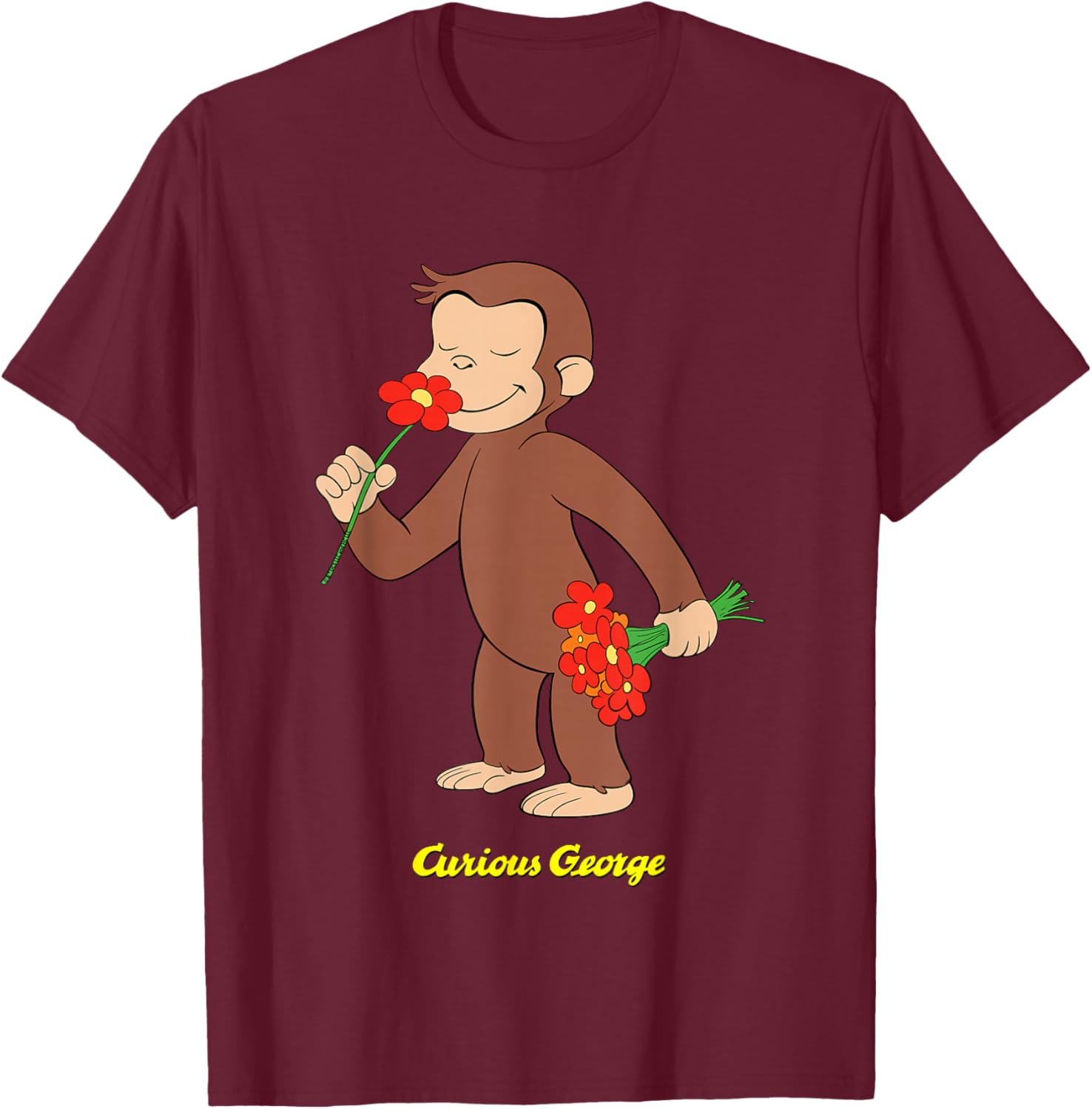 Curious George Stop and Smell The Flowers T-Shirt - T-Shirt | Maroon