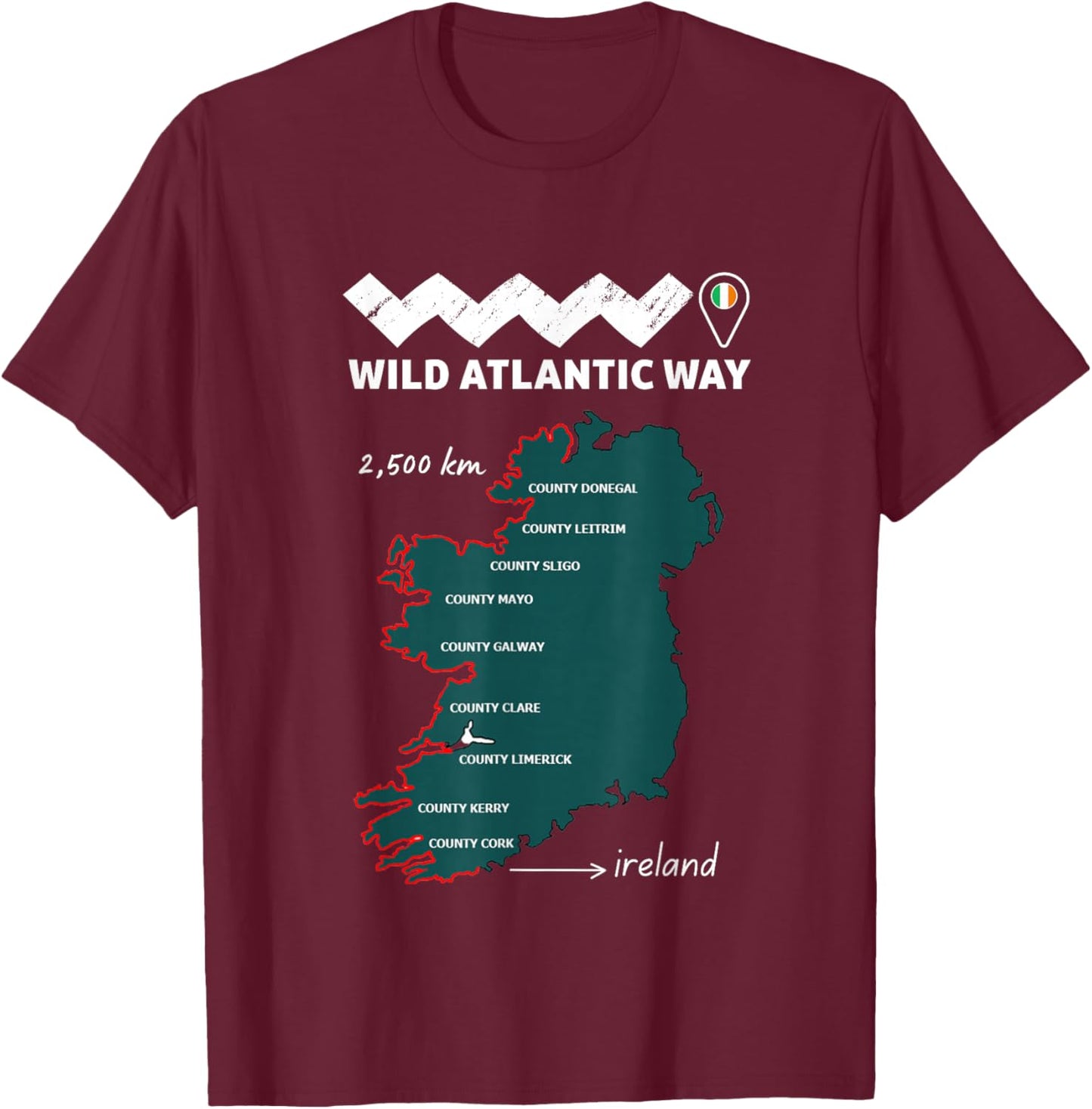 The wild atlantic way ireland coastal route, with locations T-Shirt - T-Shirt | Maroon