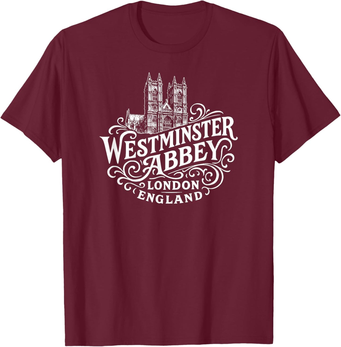 Westminster Abbey London England White Print T-Shirt - T-Shirt | Maroon