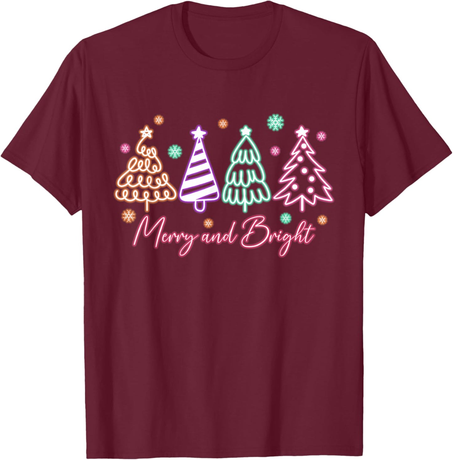 Merry and Bright Tree Neon Christmas T-Shirt - T-Shirt | Maroon