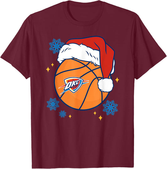 NBA Oklahoma City Thunder Christmas Santa Hat Ball T-Shirt - T-Shirt | Maroon