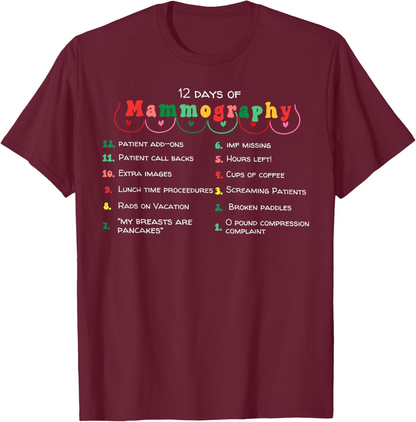 12 Days Of Mammography Mammo Technologist Christmas Pajamas T-Shirt - T-Shirt | Maroon