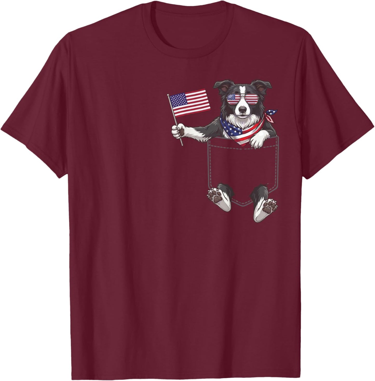Border Collie Dog Pocket American Flag 4th of July USA T-Shirt - T-Shirt | Maroon