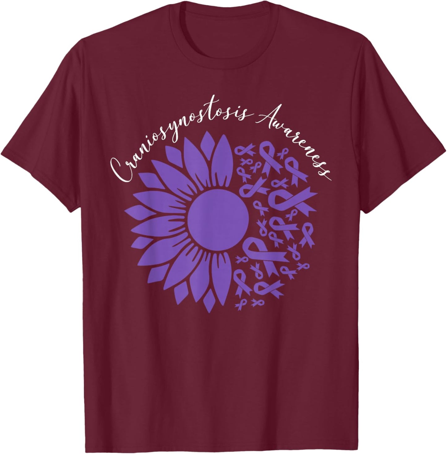 Craniosynostosis Awareness Sunflower Purple Ribbon Support T-Shirt - T-Shirt | Maroon