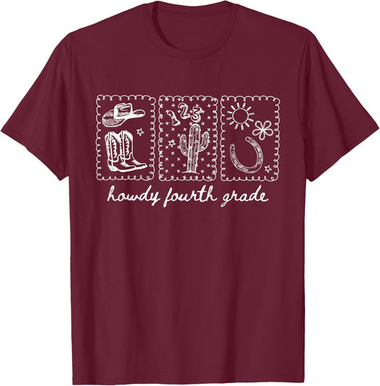 Stamp Howdy Fourth Grade Teacher Western Cowboy Cowgirl 4th T-Shirt - T-Shirt | Maroon