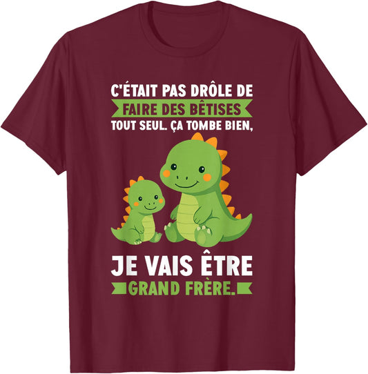Big Brother Dinosaur Graphic for Pregnancy Announcement T-Shirt - T-Shirt | Maroon