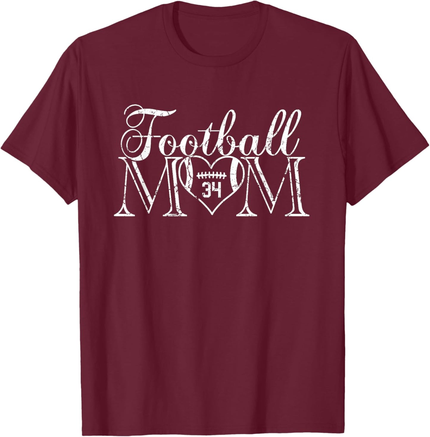 Football Mom Number 34 Football Heart #34 Game Day T-Shirt - T-Shirt | Maroon