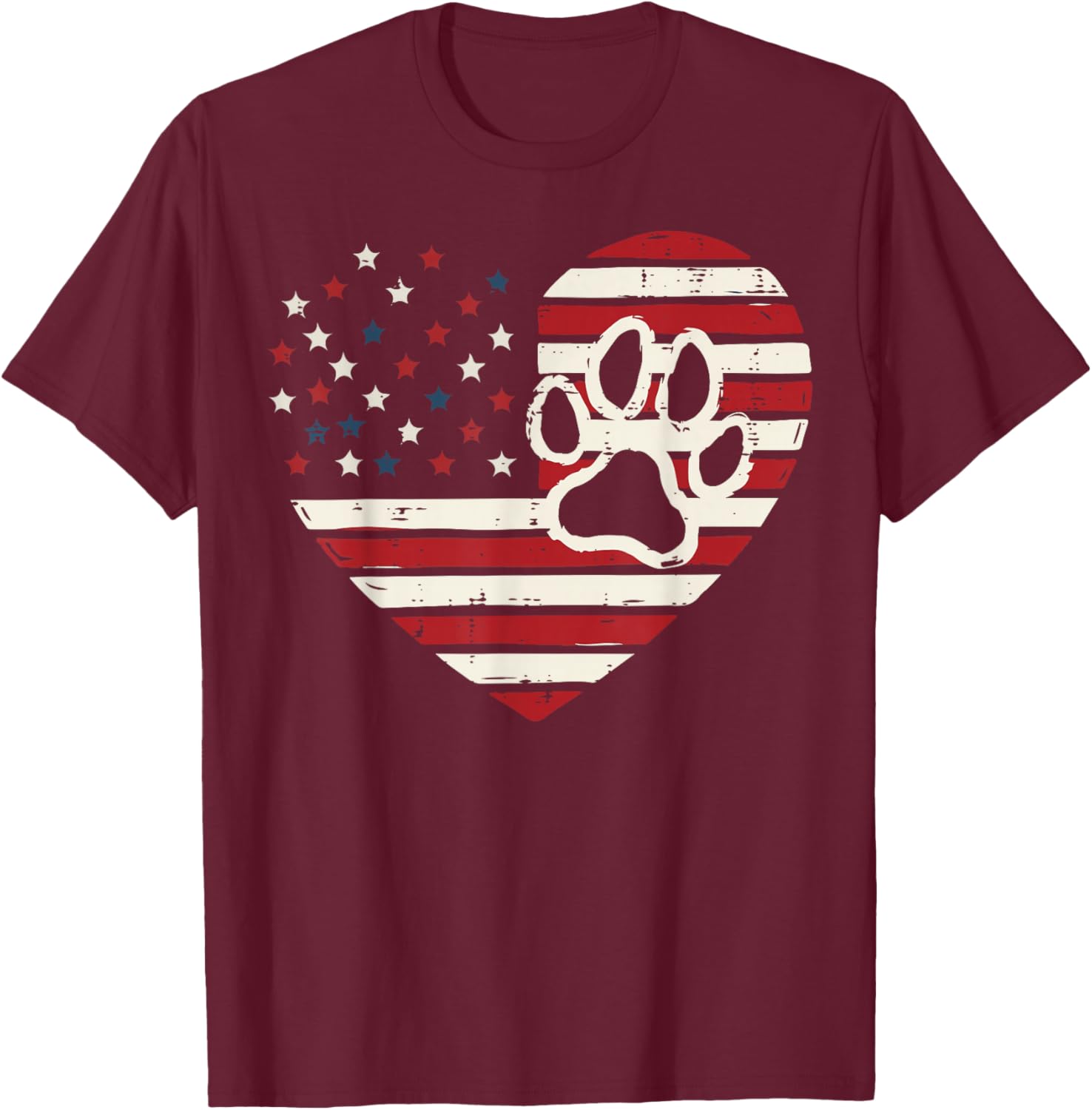 Heart US Flag Paw Print 4th of July Patriotic Men Women Kids T-Shirt - T-Shirt | Maroon